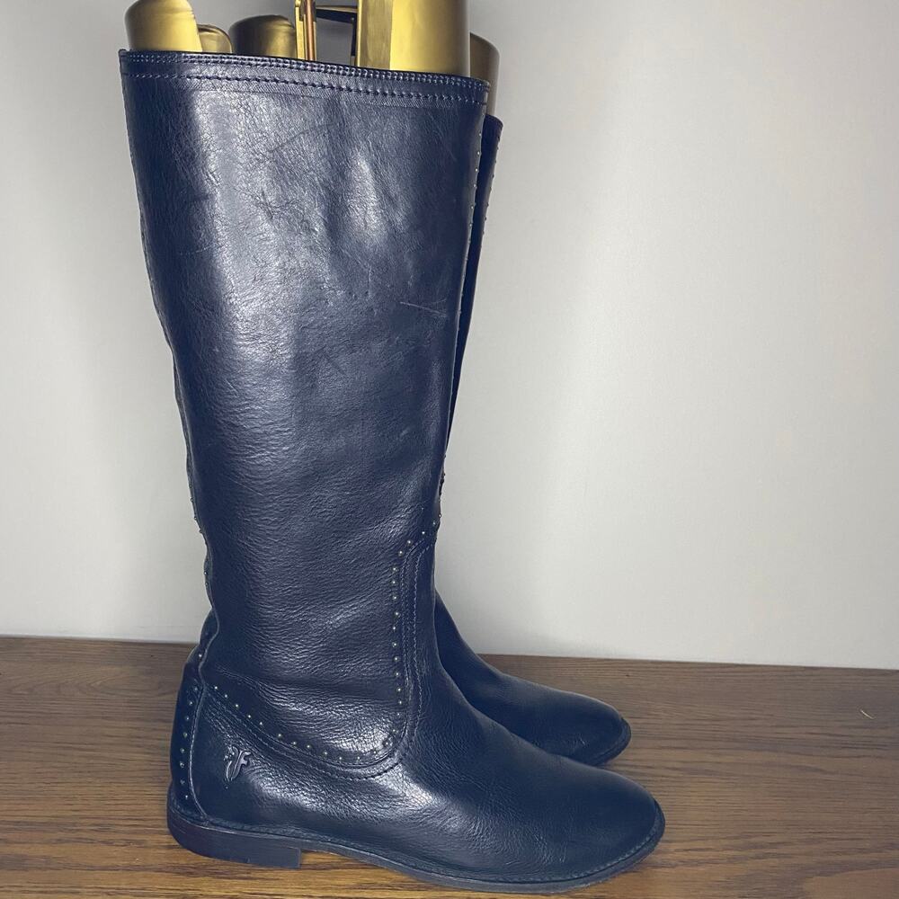 Frye Paige Tall Equestrian Riding Black Leather Studded Biker Boots Women 7.5 B